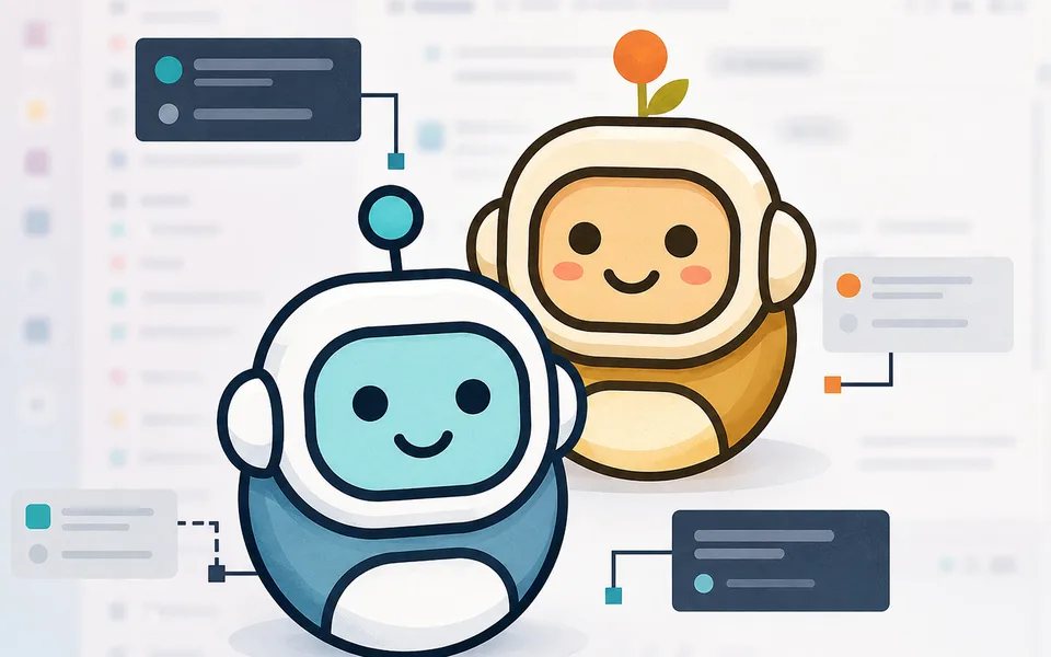 兩個機器人角色站在 Slack 介面前,訊息泡泡分別連向它們